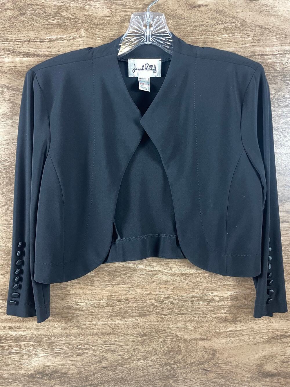 Joseph Ribkoff Black Bolero Jacket Size 6 Open Front Satin Button Cuffs